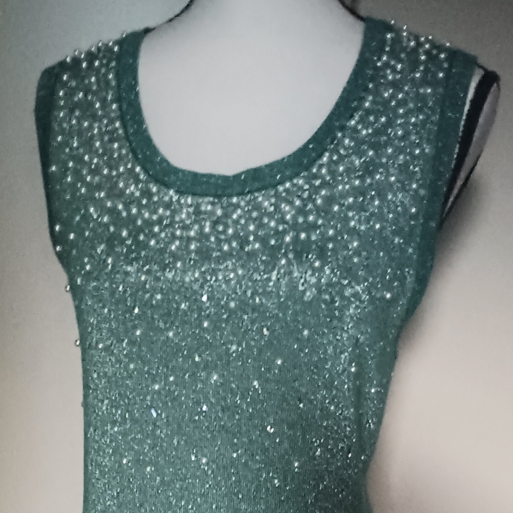 New Midnight Velvet Elegant Bedazzled Rhinestone And Pearls Knit Dress (XL/16+)